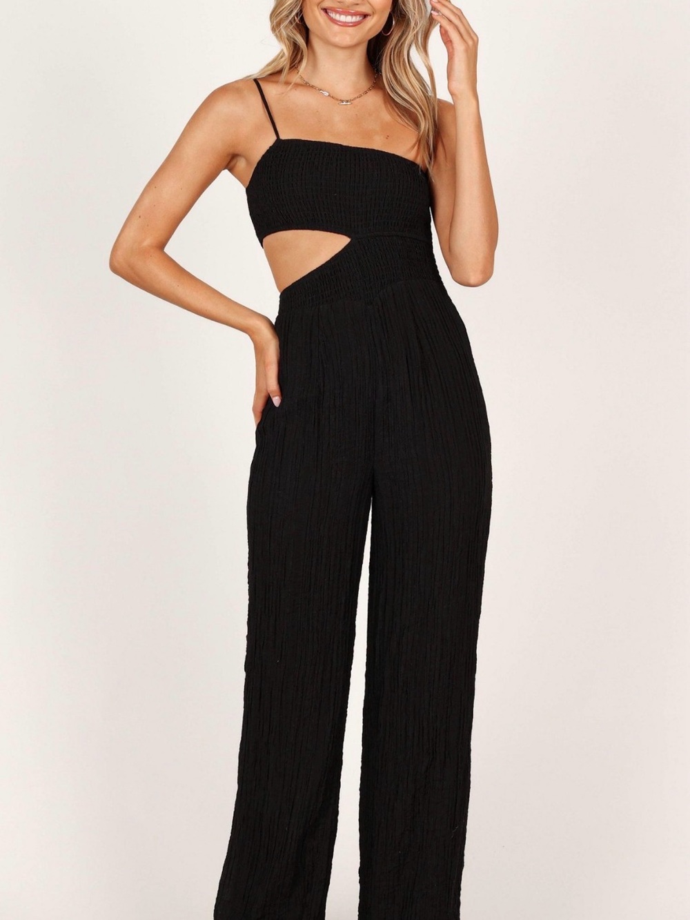 Petal & Pup Black Smocked Cutout Wide-Leg Jumpsuit with Spaghetti Straps